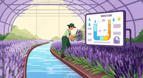 Lavender Farmer Monitoring Moisture Levels in Greenhouse.