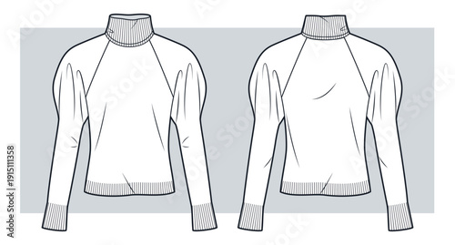 Women Turtleneck Sweater with raglan sleeves fashion technical sketch. Puff Sleeve Top fashion flat technical drawing template, front and back view, white, women CAD mockup.