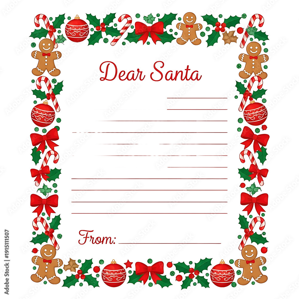 Obraz premium A festive Christmas letter frame adorned with gingerbread men, candy canes, and holiday bows