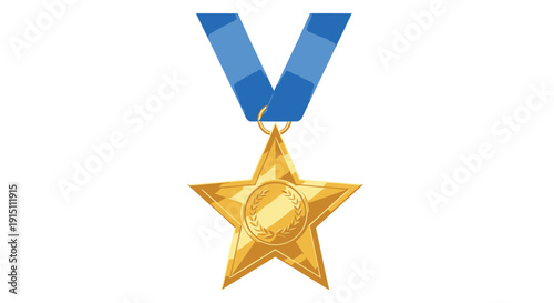 Golden star medal with blue ribbon isolated on transparent background