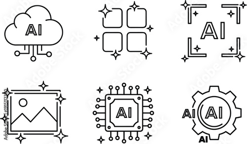Minimalist black line icon set for artificial intelligence featuring AI cloud computing machine learning neural networks and generative image processing on white background.