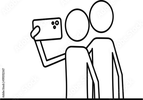 Minimalist black line art icon of two stick figures taking a selfie with a smartphone isolated on white background for social media and apps.