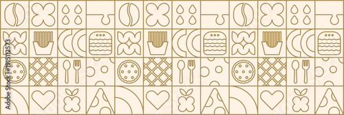 Geometric line fast food mosaic with retro burger and pizza pattern.