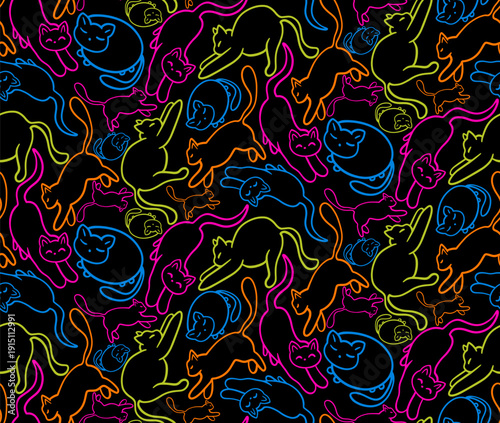 Abstract Hand Drawn Line Drawing Cute Cats Seamless Vector Pattern Isolated Background