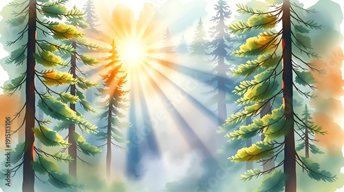 Dreamy Watercolor Forest Scene with Bright Sunlight Rays Filtering Through Evergreen Trees