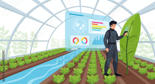 Smart Farming Man Analyzing Lettuce in Greenhouse with Digital Technology.