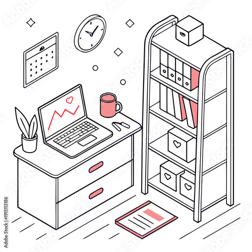 A desk with a laptop and bookshelf