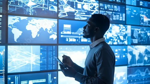 Man Analyzing Data on Screens.