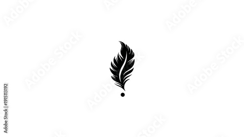 A black feather silhouette with a small dot at the base, centered on a white background