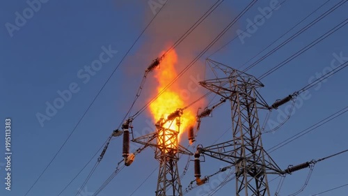 power outage, electrical tower on fire with smoke