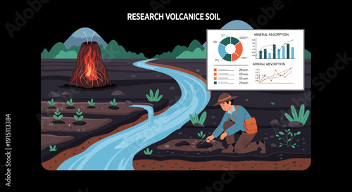 Volcanic Soil Research Illustration Scientist Analyzing Soil Composition with Data Visualization.
