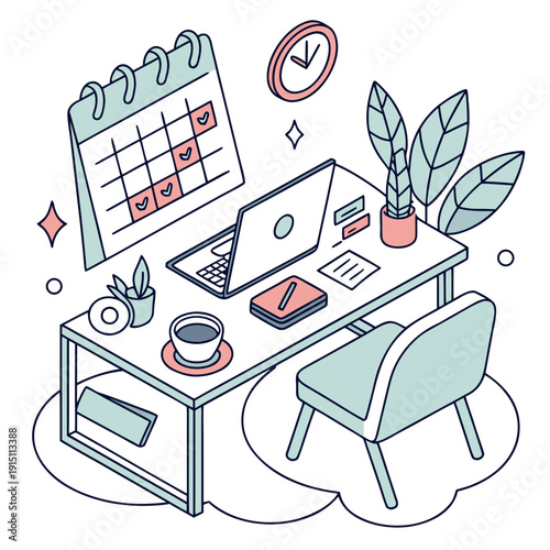 A cluttered desk with a laptop computer and calendar