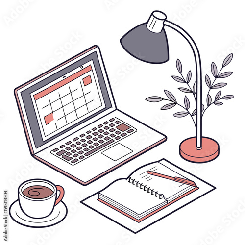 A laptop computer sitting on a desk next to a notebook and a cup of coffee