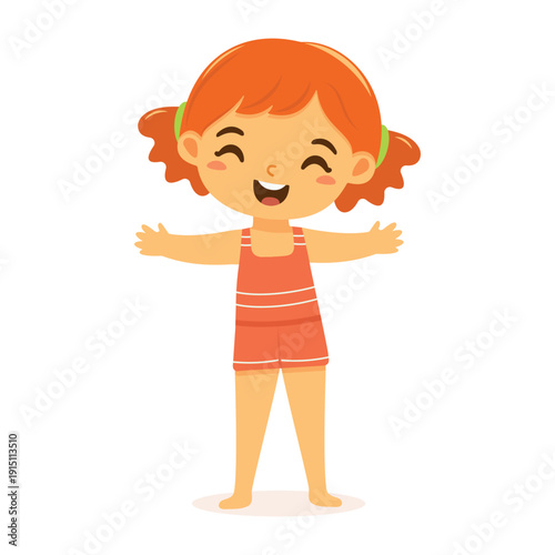 Cute and happy girl runs in bathing suits  on white background. Poster, Banner, Flyer, Summer time. Vector illustration in flat cartoon style
