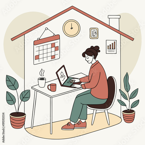 A woman works on her laptop at a desk in her home