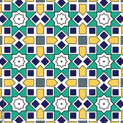 Seamless geometric pattern featuring teal, navy blue, yellow, and charcoal gray squares and octagonal stars on a white background, ideal for textile design or digital wallpaper.