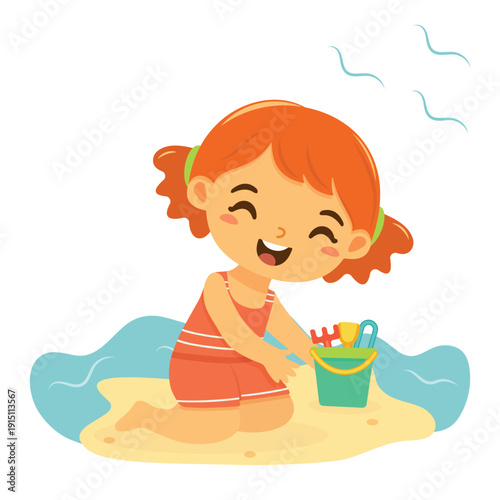 Cute and happy girl sits in bathing suits on the sand  on white background. Poster, Banner, Flyer, Summer time. Vector illustration in flat cartoon style
