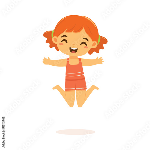 Cute and happy girl jump in bathing suits on white background. Poster, Banner, Flyer, Summer time. Vector illustration in flat cartoon style