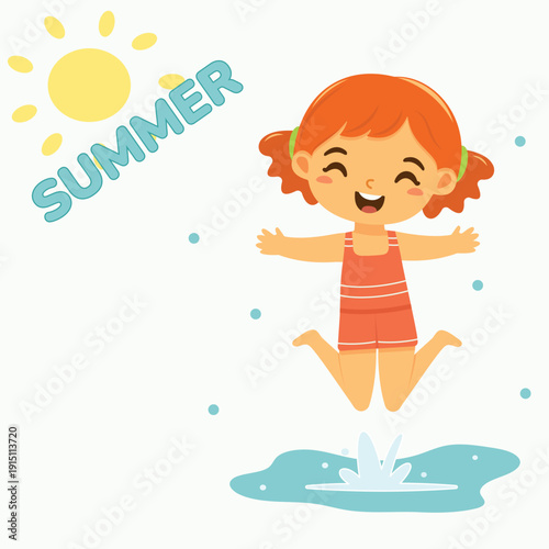 Cute and happy girl jump in to the water in bathing suits on white background. Poster, Banner, Flyer, Summer time. Vector illustration in flat cartoon style