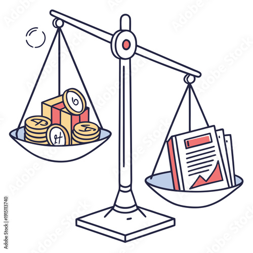 A drawing of a scales with money on one side and newspapers on the other