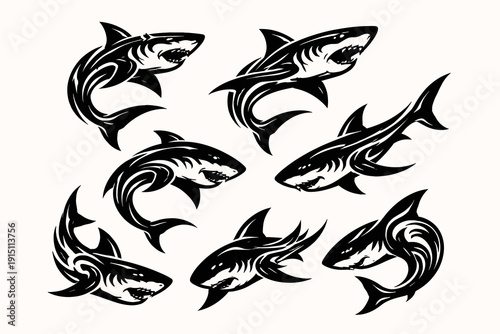 Tribal Style Shark Set – Black Silhouette Sharks with Maori Patterns, Dynamic Swimming Poses, Bold Vector Illustrations