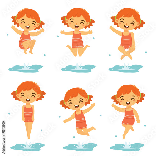 Set of cute and happy girl jump in to the water in bathing suits in different poses on white background. Poster, Banner, Flyer, Summer time. Vector illustration in flat cartoon style