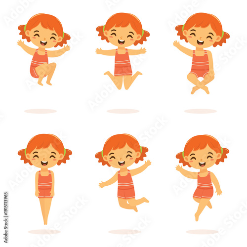 Set of cute and happy girl jump in bathing suits on the sand in different poses on white background. Poster, Banner, Flyer, Summer time. Vector illustration in flat cartoon style