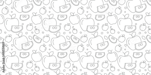 red apple fruit seamless pattern line design background. healthy food, fresh produce illustration for packaging, wallpaper, textile print, and web design. simple vector. pattern with white background