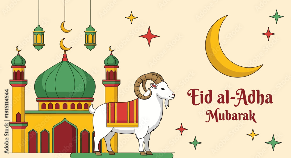 Fototapeta premium Celebratory Eid al-Adha illustration featuring mosque, sheep, and crescent moon in festive atmosphere