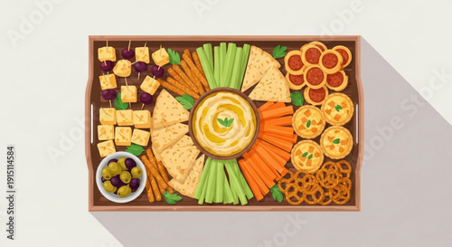 Assorted finger foods and snacks arranged on a wooden platter with hummus dip vegetables crackers cheese and pretzels on a white background
