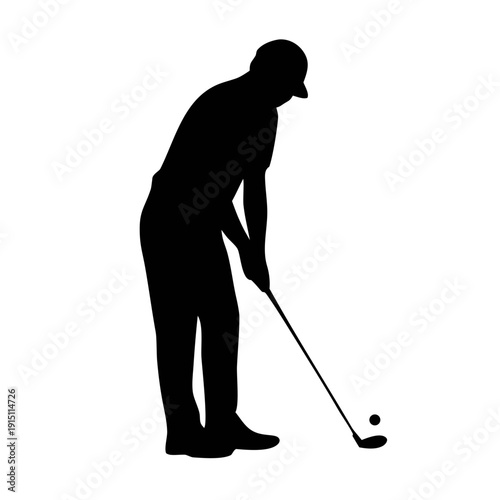 Black silhouette of golf players in action poses, swinging golf club silhouette