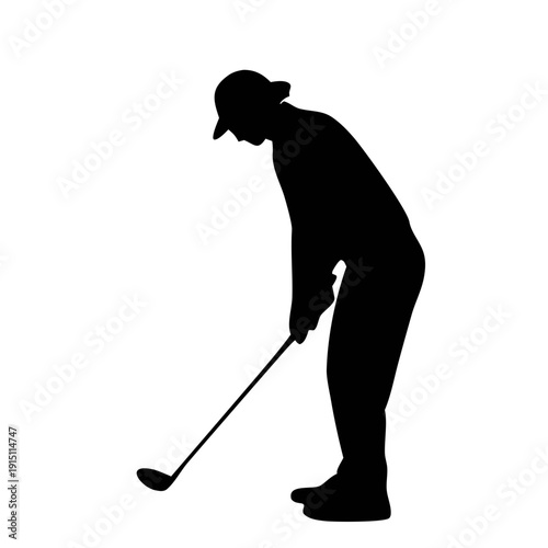 Black silhouette of golf players in action poses, swinging golf club silhouette
