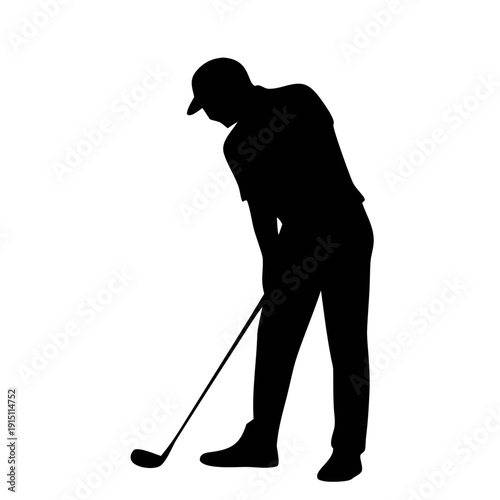 Black silhouette of golf players in action poses, swinging golf club silhouette