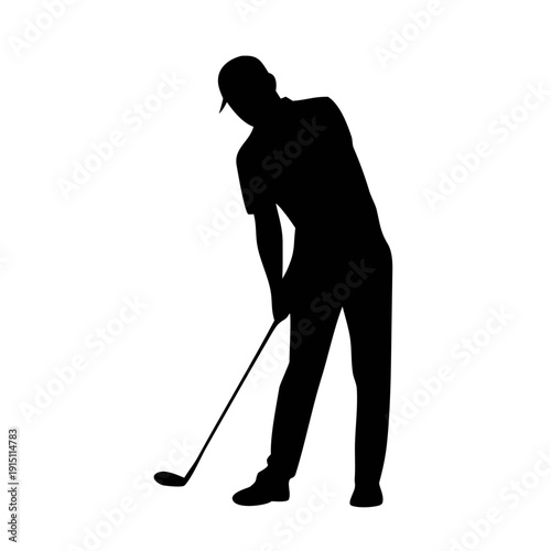 Black silhouette of golf players in action poses, swinging golf club silhouette