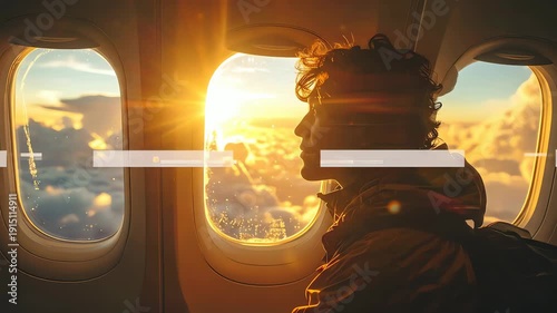 Man Looking Out Airplane Window at Sunset.