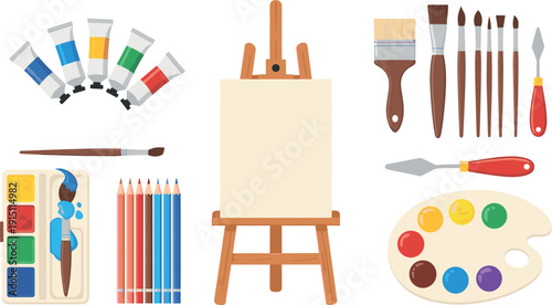Comprehensive vector illustration of professional art studio supplies including a wooden easel blank canvas paint tubes palette and brushes.