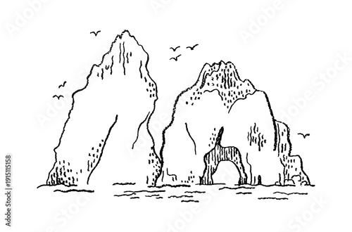 Capri sea, sketch line island in Italy. Faraglioni rock outline. Sea mountain vector. Capri cliff, seagull illustration. Beach in Italy drawing. Pencil Naples landscape. Ocean rock island silhouette