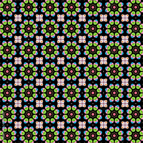 Photography Seamless kaleidoscopic pattern with repeating green, pink, and aqua floral motifs on a deep black background, ideal for textile design or digital wallpaper