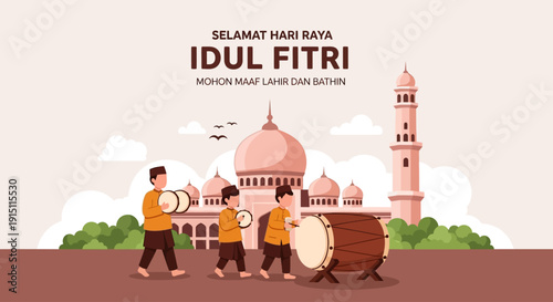 Celebration of Idul Fitri with drummers walking towards a mosque during Eid festivities