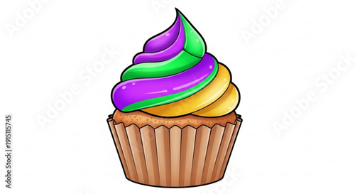 Colorful cupcake with swirled purple green and yellow frosting in a brown wrapper on white background