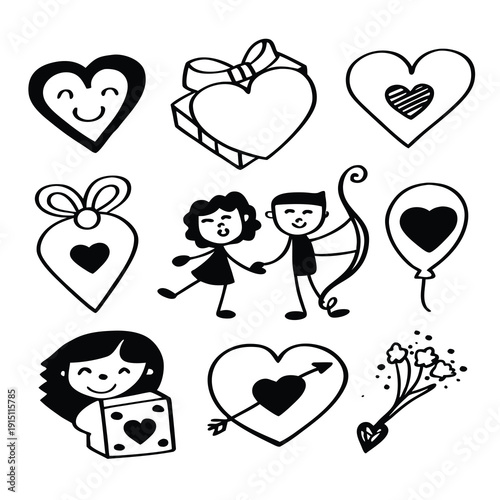 Set of red and pink valentine hearts and romantic design elements featuring vector illustrations of love symbols and cartoon holiday shapes for a Valentine's Day art pattern