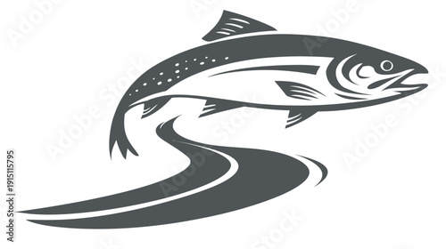 A stylized fish leaps over a stylized river, rendered in monochrome. The illustration is clean