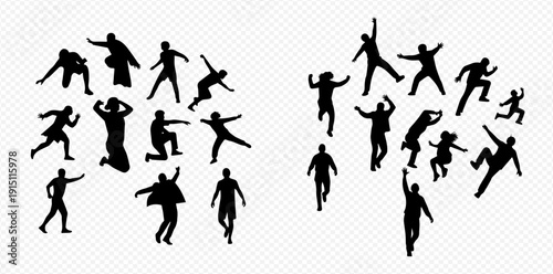Collection of diverse human silhouettes in various dynamic poses, representing activity and movement.