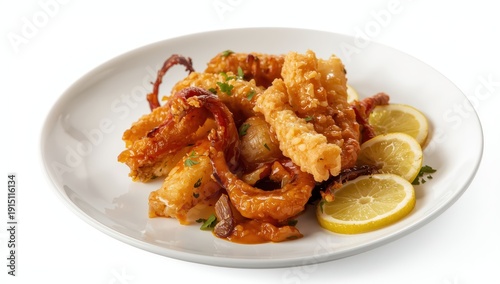 Spicy fried squid tentacles on a white plate with potatoes and lemon, isolated on white