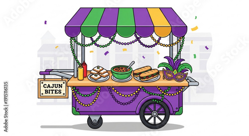 Vibrant mardi gras cajun food cart with purple green and yellow decorations beads and festive lights serving traditional louisiana cuisine