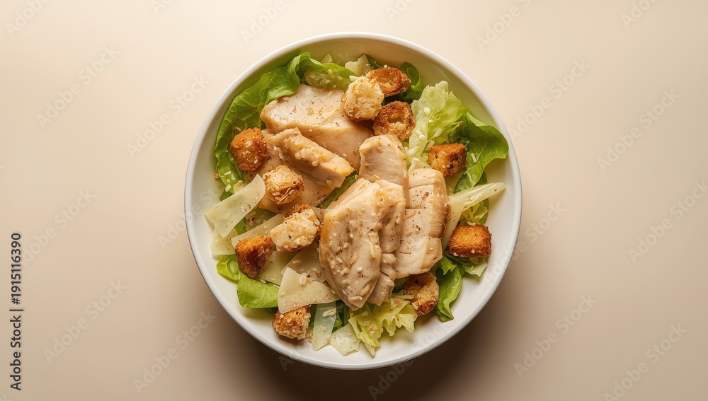 Fototapeta premium Classic Caesar salad in a white bowl featuring lettuce, roasted chicken, croutons, and cheese, viewed from above, with room for text
