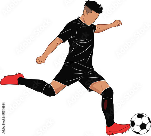 Athletic soccer player silhouette in black uniform and red cleats performing a powerful kick for sports competition branding and club graphics.