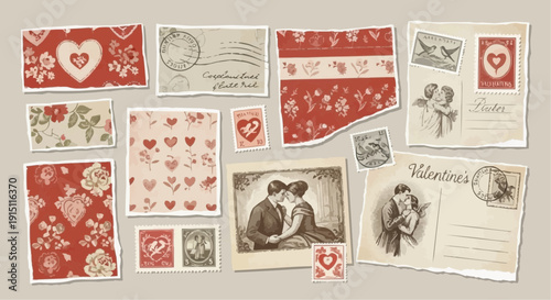 Vintage Valentine: A collection of vintage Valentine's Day ephemera, featuring hearts, roses, postage, and romantic imagery, evoking nostalgia and heartfelt affection.