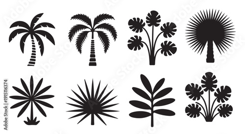 nine black silhouette tropical plant icons palm trees
