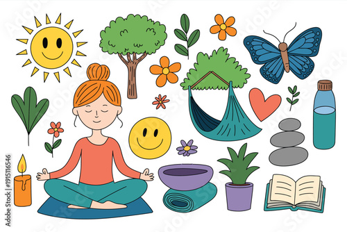 stress relief retreat doodle yoga meditation wellness hand drawn vector.